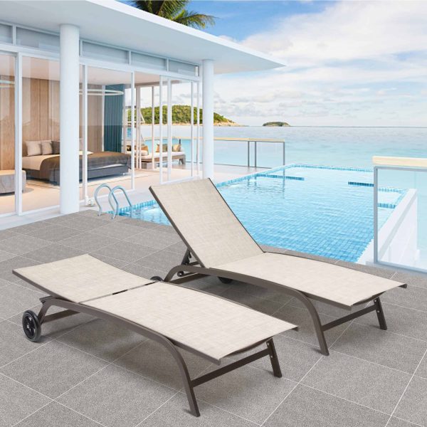 Crestlive Products Patio chaise lounge Set of 2 Aluminum Frame In Classic Brown with Off-white Textilene Fabric Sling Seat