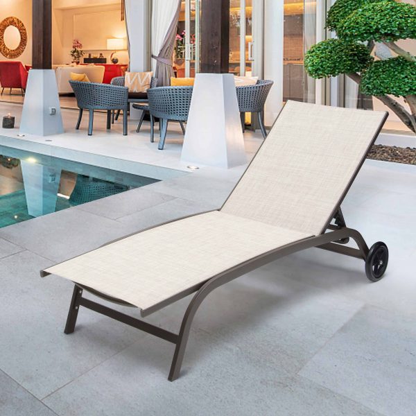 Crestlive Products Patio chaise lounge Set of 2 Aluminum Frame In Classic Brown with Off-white Textilene Fabric Sling Seat
