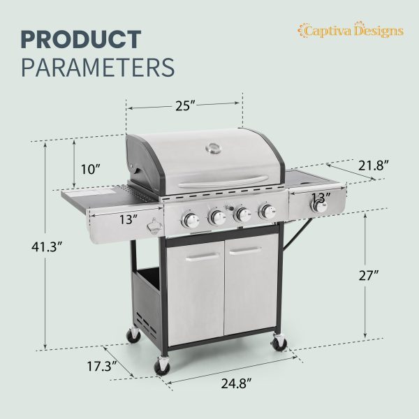 Captiva Designs 4-Burner Propane Gas BBQ Grill with Side Burner   Porcelain-Enameled Cast Iron Grates