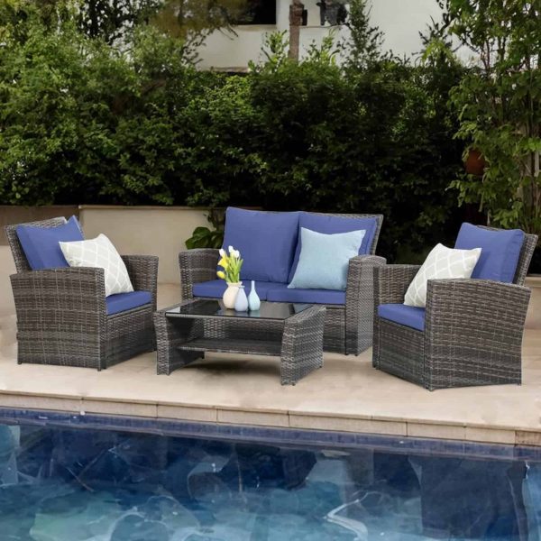 Wisteria Lane 4 Piece Outdoor Patio Furniture Sets, Wicker Conversation Set for Porch Deck, Grey Rattan Sofa Chair with Cushion (Blue)