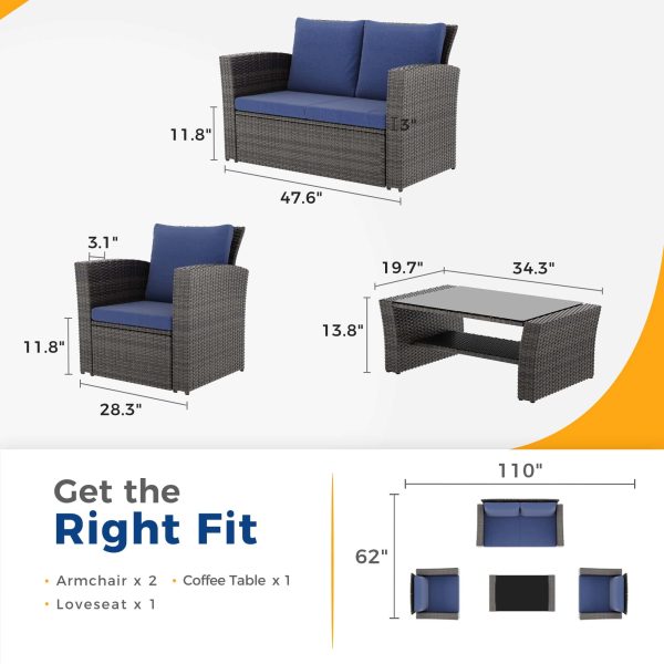 Wisteria Lane 4 Piece Outdoor Patio Furniture Sets, Wicker Conversation Set for Porch Deck, Grey Rattan Sofa Chair with Cushion (Blue)