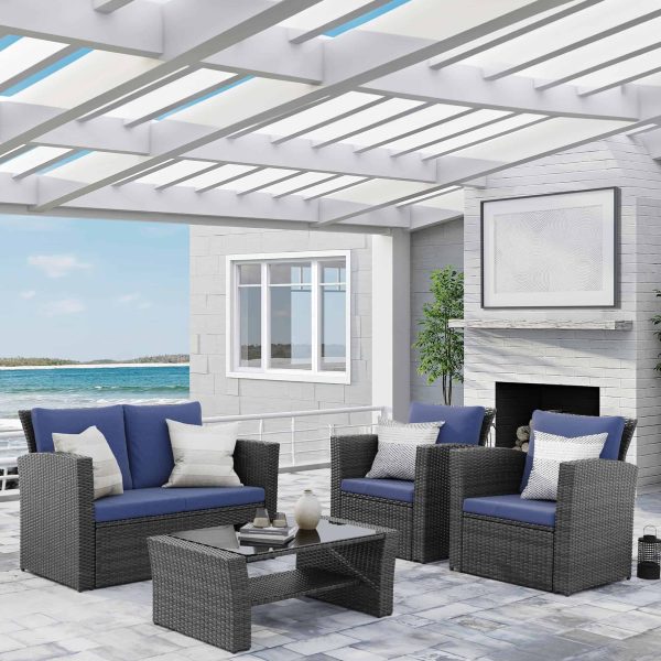 Wisteria Lane 4 Piece Outdoor Patio Furniture Sets, Wicker Conversation Set for Porch Deck, Grey Rattan Sofa Chair with Cushion (Blue)