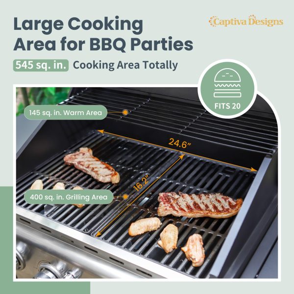 Captiva Designs 4-Burner Propane Gas BBQ Grill with Side Burner   Porcelain-Enameled Cast Iron Grates