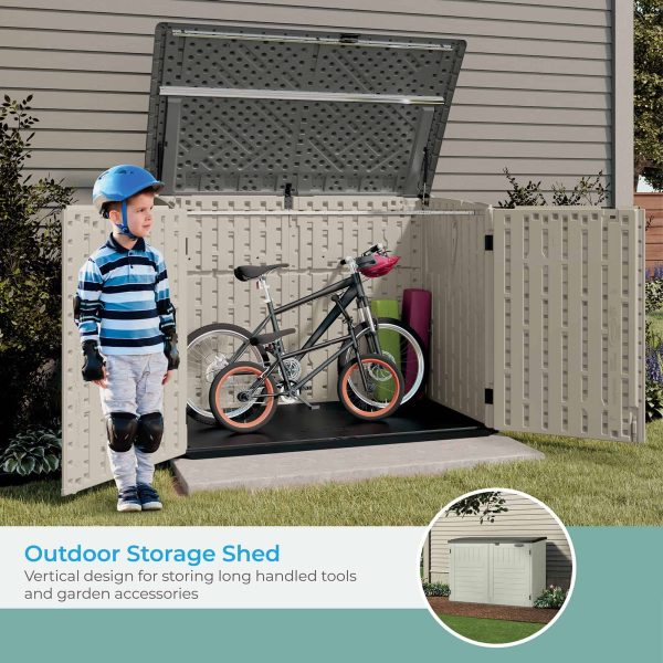 Suncast 5.9 ft. x 3.7 ft Horizontal Stow-Away Storage Shed   Natural Wood-like Outdoor Storage for Trash Cans and Yard Tools