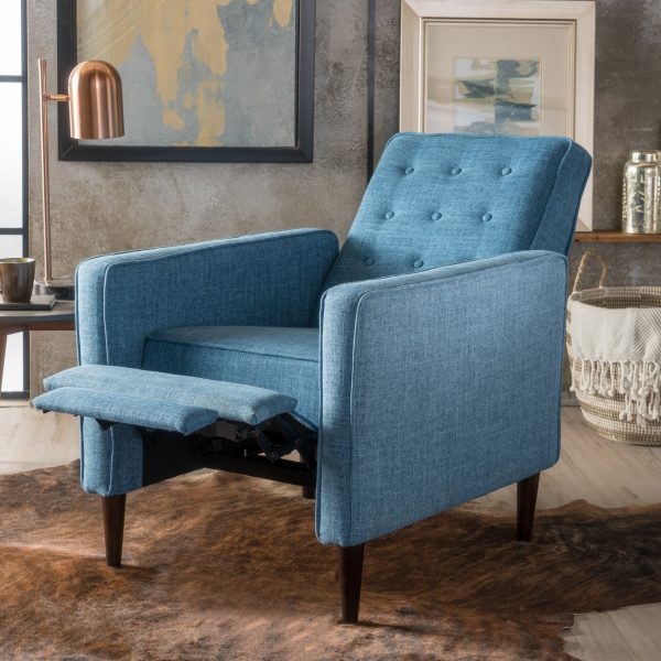 Home Mervynn Mid-Century Modern Button Tufted Fabric Recliner, Muted Blue
