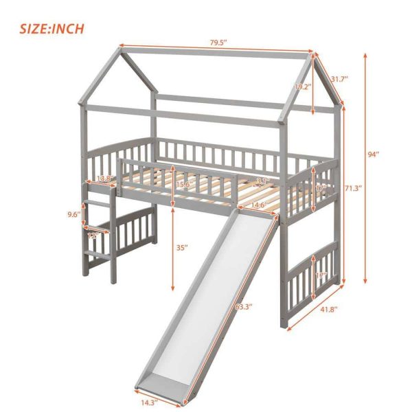 Bright Designs  Gray Twin Size House Loft Bed with Slide and Ladder
