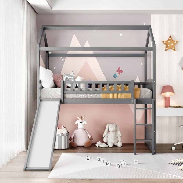 Bright Designs  Gray Twin Size House Loft Bed with Slide and Ladder