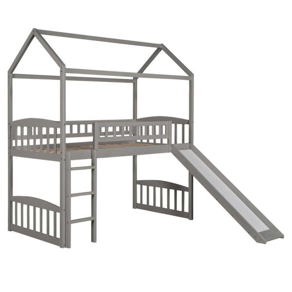 Bright Designs  Gray Twin Size House Loft Bed with Slide and Ladder