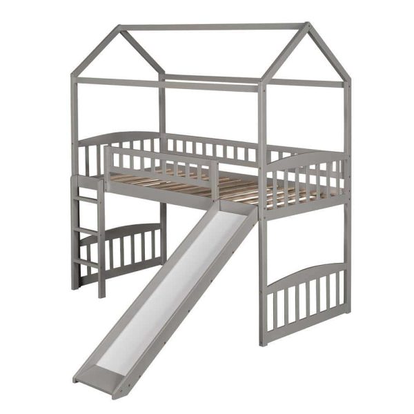 Bright Designs  Gray Twin Size House Loft Bed with Slide and Ladder