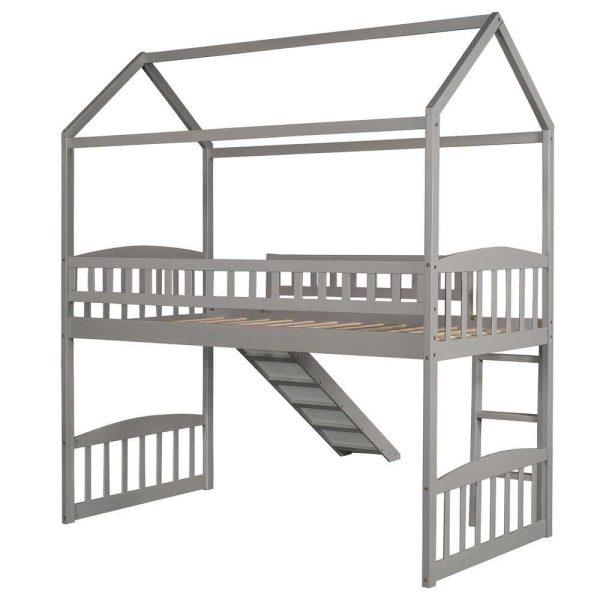 Bright Designs  Gray Twin Size House Loft Bed with Slide and Ladder
