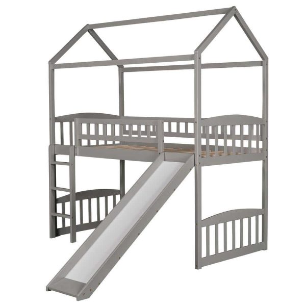Bright Designs  Gray Twin Size House Loft Bed with Slide and Ladder