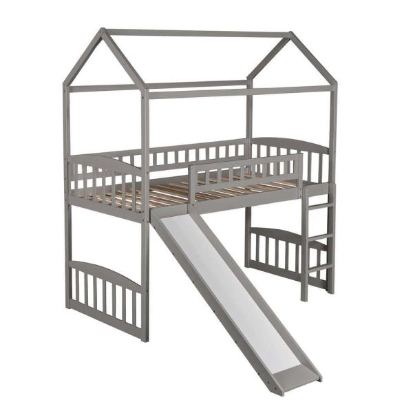 Bright Designs  Gray Twin Size House Loft Bed with Slide and Ladder