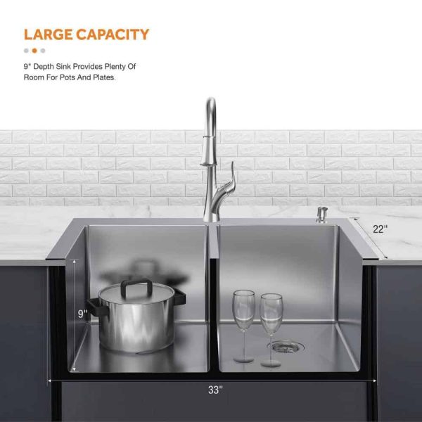 Dolancourt Tight Radius 33 in. Drop-In 50/50 Double Bowl 18 Gauge Stainless Steel Kitchen Sink with Pull-Down Faucet