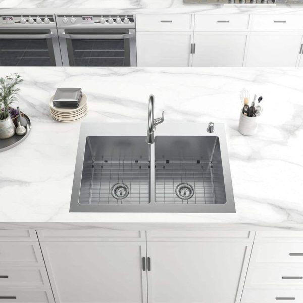 Dolancourt Tight Radius 33 in. Drop-In 50/50 Double Bowl 18 Gauge Stainless Steel Kitchen Sink with Pull-Down Faucet
