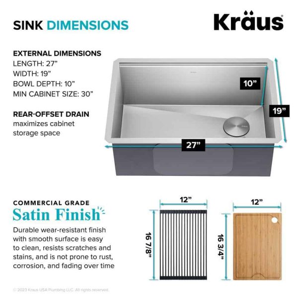 Kore Workstation 27 in. 16-Gauge Undermount Single Bowl Stainless Steel Kitchen Sink with Accessories