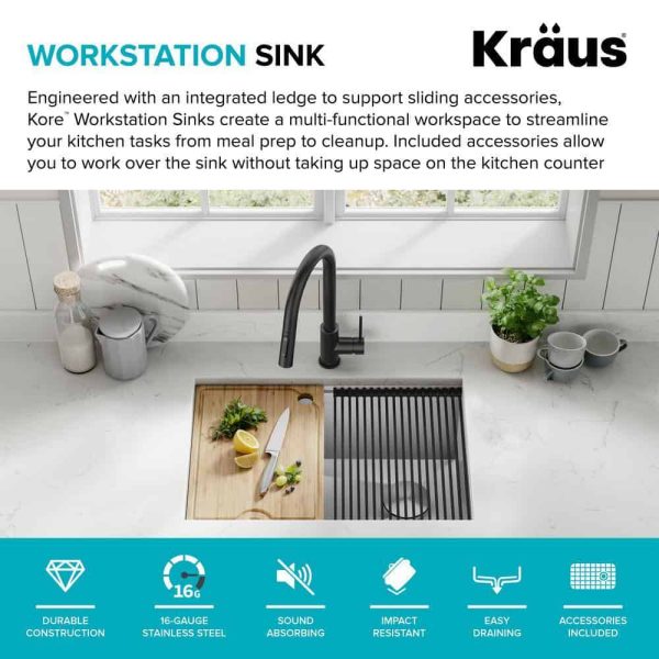 Kore Workstation 27 in. 16-Gauge Undermount Single Bowl Stainless Steel Kitchen Sink with Accessories